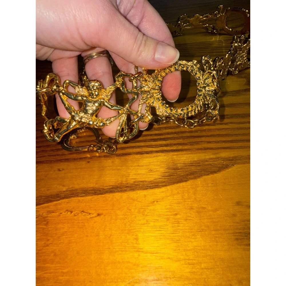 Vintage Inspired Ornate Gold Chain Waist Belt Cherub Heart Statement Accessory